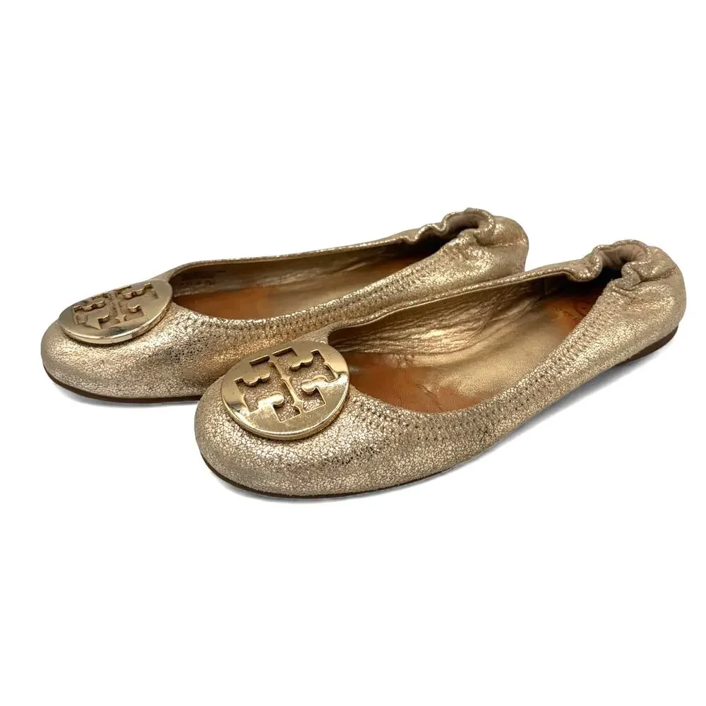 Tory Burch Minnie Travel‎ Metallic Gold Sz 7 Shimmer Medallion Flats w/ COA